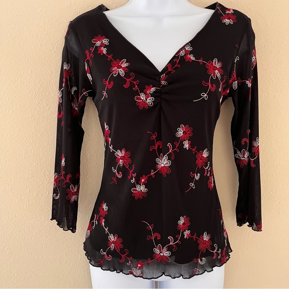 Vintage Y2K 90s Mesh Top Medium Floral Whimsigoth Embroidered Grunge Fairy